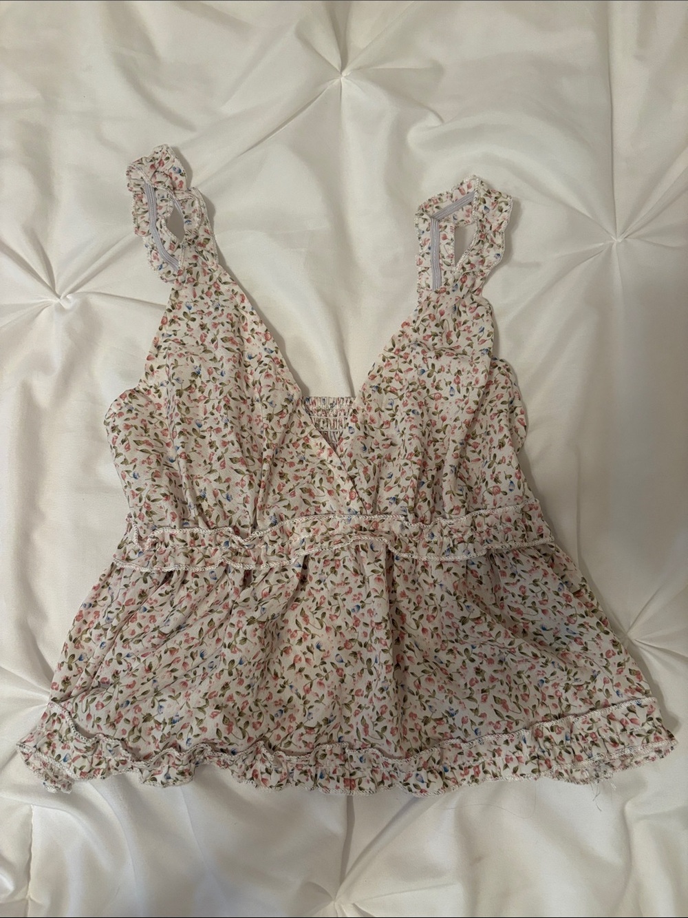 SHEIN Cream Floral Ruffle Cami with Pink & Green Accents
